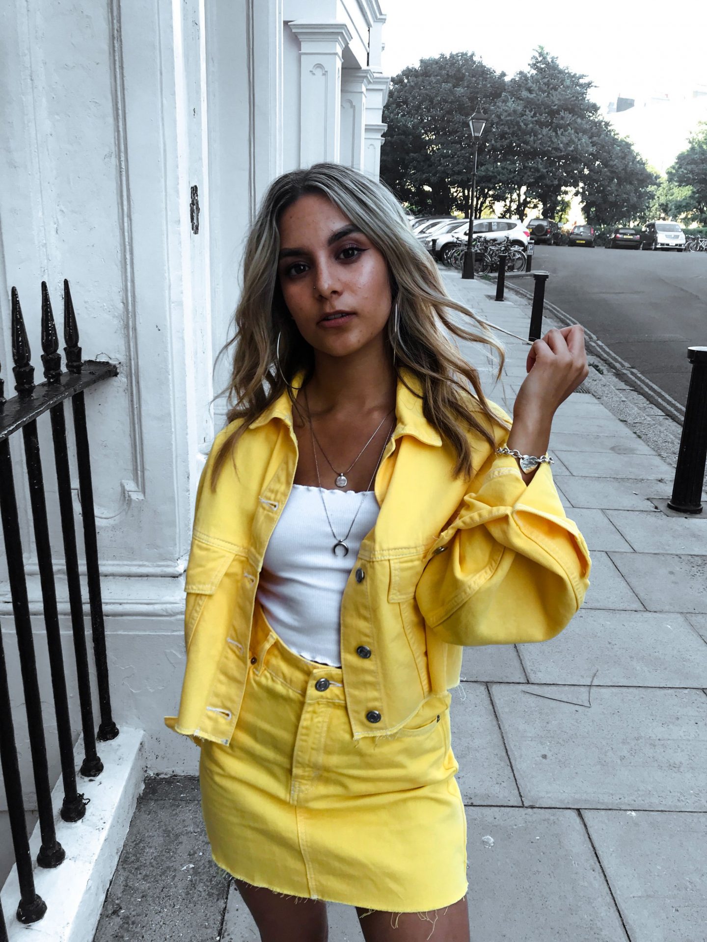 yasmin stefanie topshop yellow denim co ord ciara chunky trainers summer ss18 trends